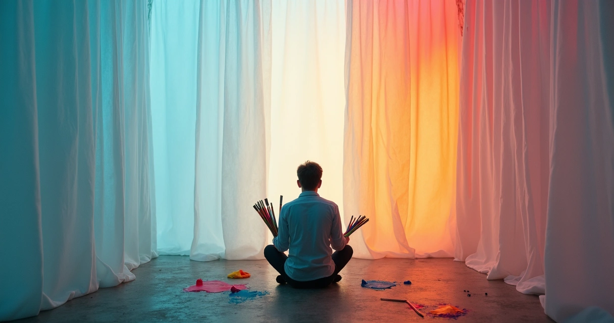 Pessoa cercada por paredes invisíveis segurando pincéis coloridos