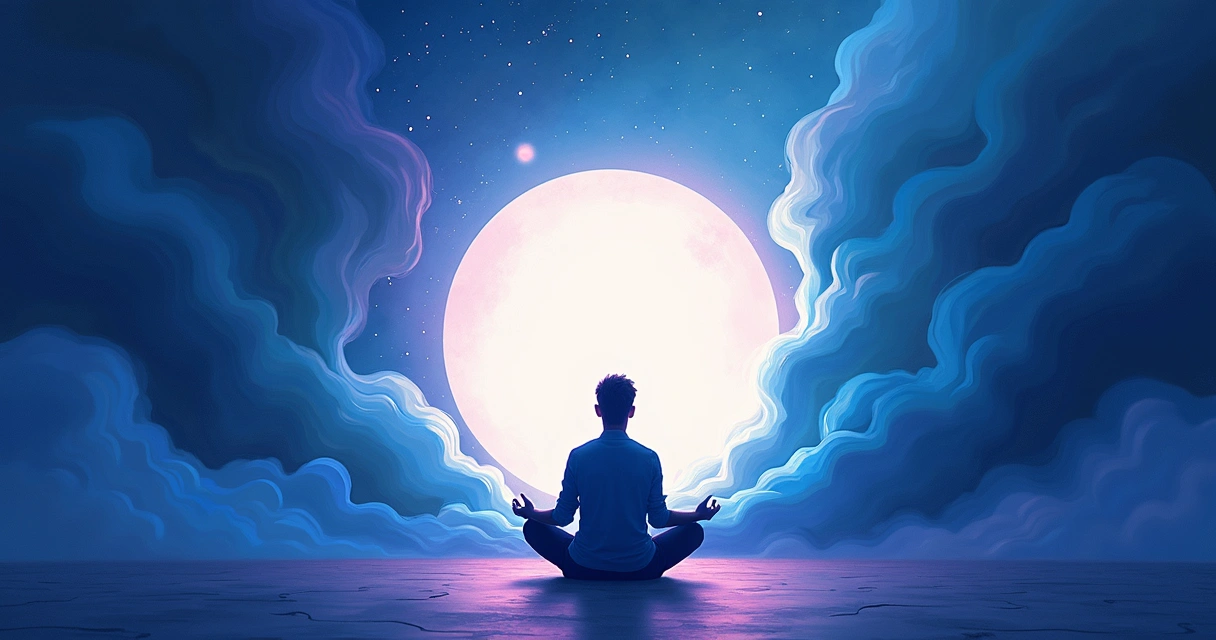 Ilustração de uma barreira mental representada por raios de energia e sombras ao redor de alguém sentado