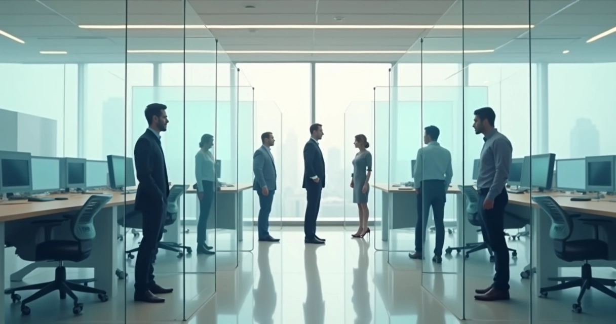 Pessoas em uma empresa cercadas por paredes simbólicas, formando barreiras à colaboração 