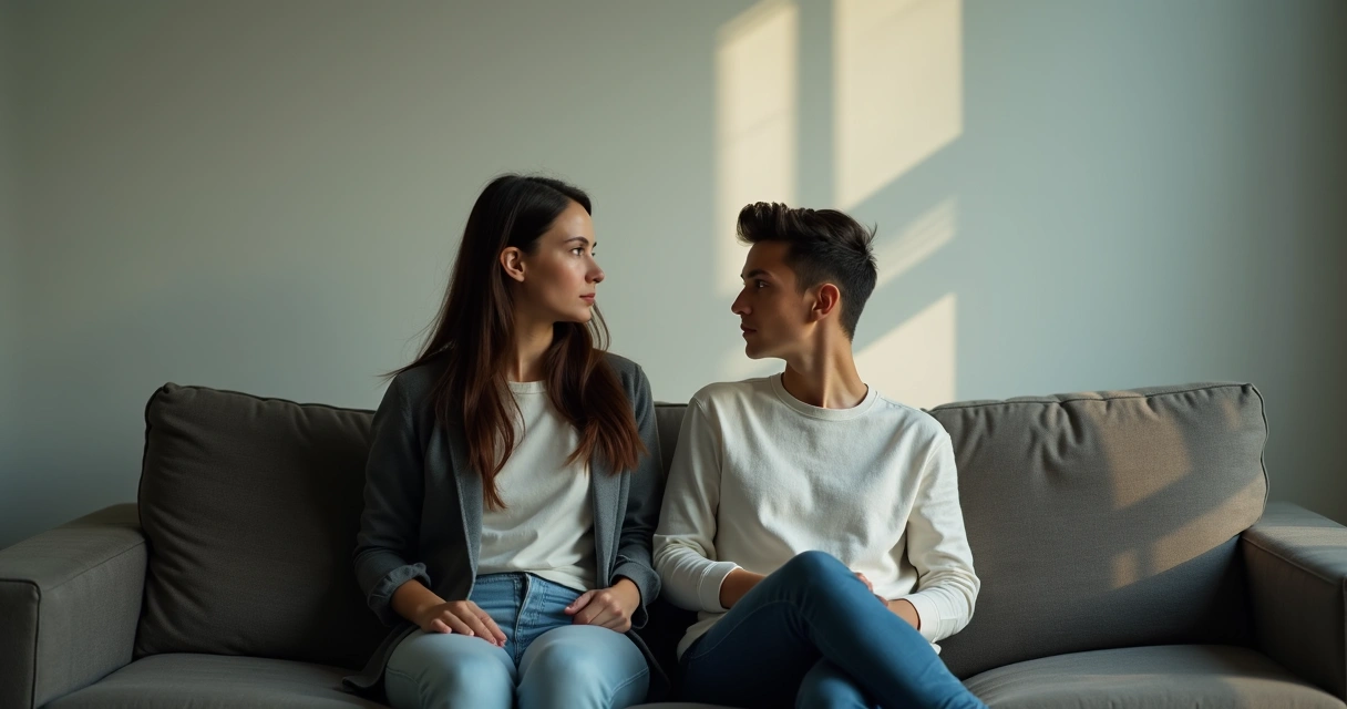 Duas pessoas sentadas em um sofá olhando para direções opostas 