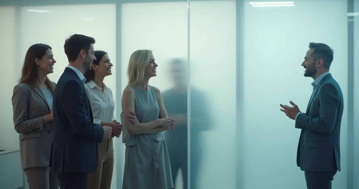 Grupo de personas riendo tras una barra translúcida separando a otra persona del resto. 