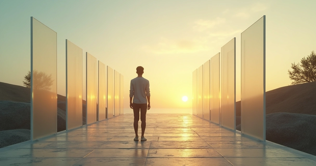 Person on a path facing five translucent walls blocking the way forward 