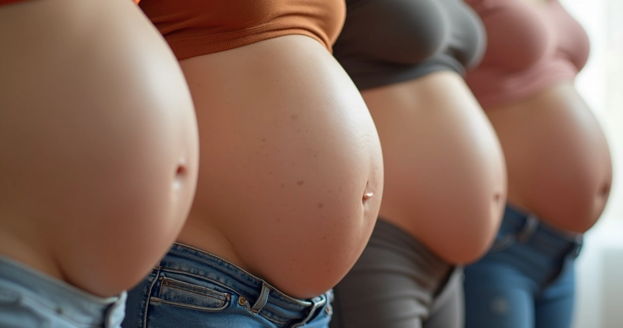 Barrigas de gestantes mostrando diferentes tipos de estrias e pele saudável 