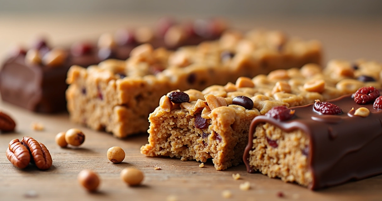Barrinhas de cereal abertas em cima de uma mesa 