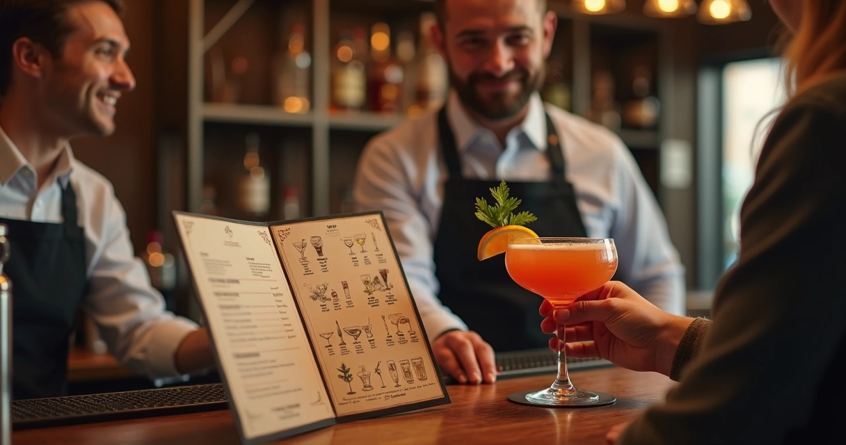 Atendimento atencioso do bartender e montagem de carta de drinks 