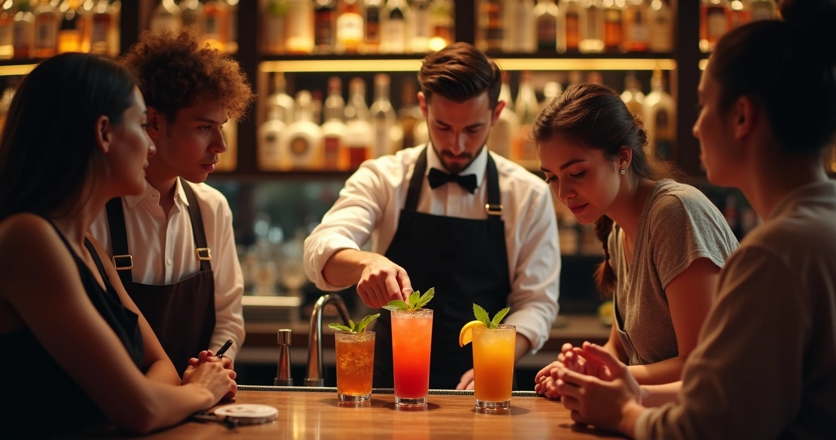 Bartender servindo drinks de forma elegante em bar moderno 