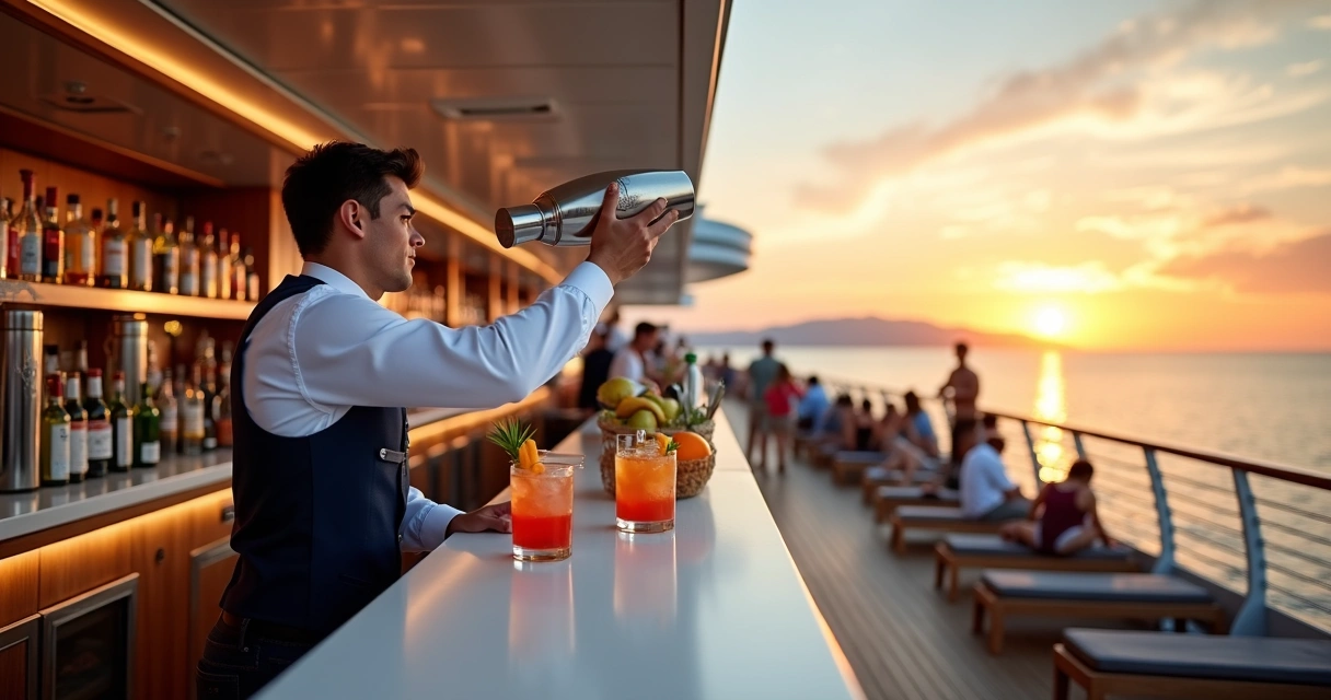 Bartender preparando coquetel em bar de cruzeiro com vista para o mar ao pôr do sol 
