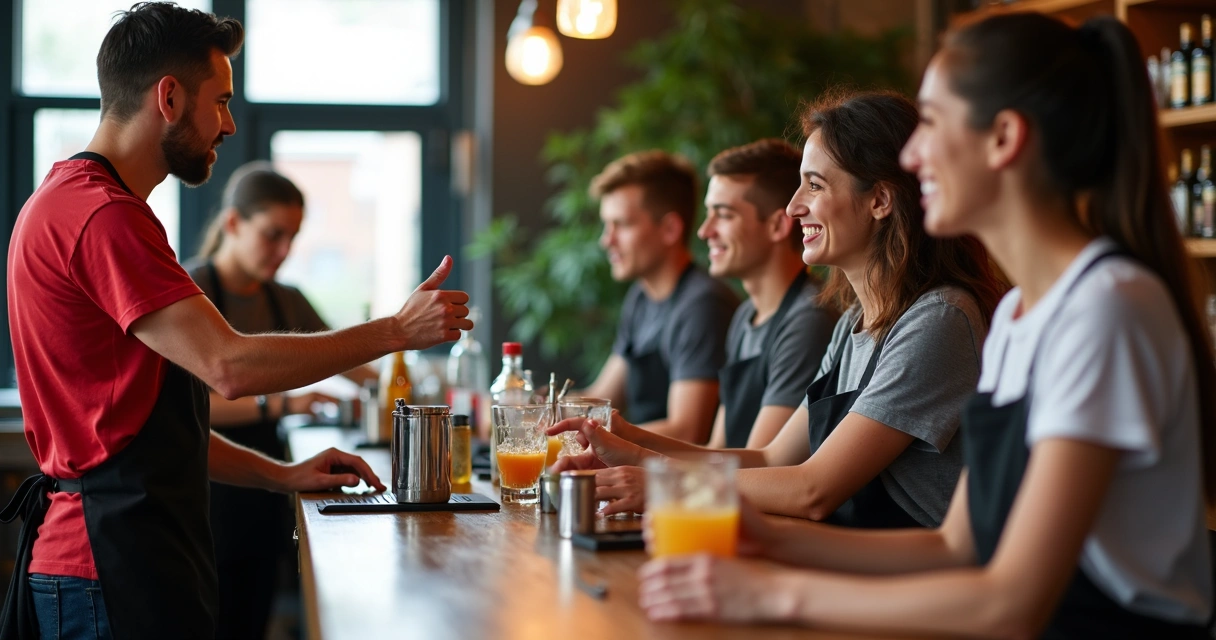 Grupo de alunos aprendendo bartending em ambiente descontraído 