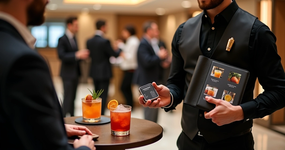 Bartender em recepção elegante entregando cartão para possíveis clientes 