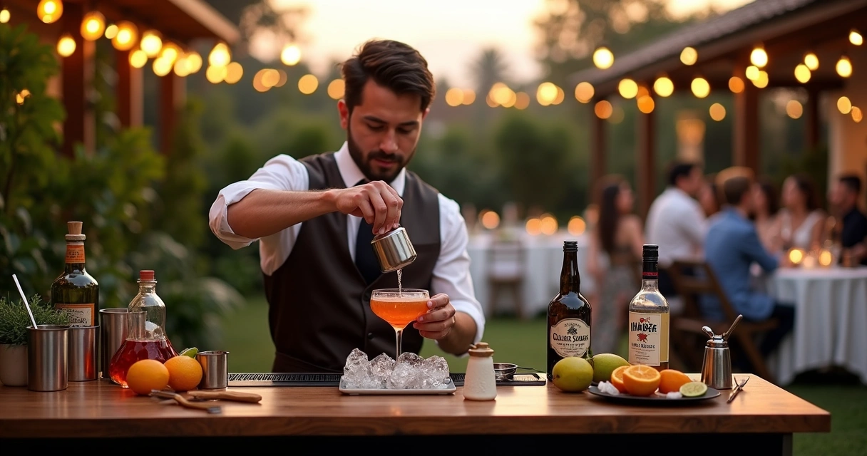 Bartender preparando drink em evento ao ar livre com convidados ao fundo 