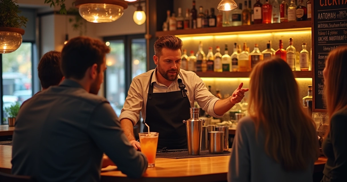 Bartender experiente ensinando mixologia em um bar moderno 