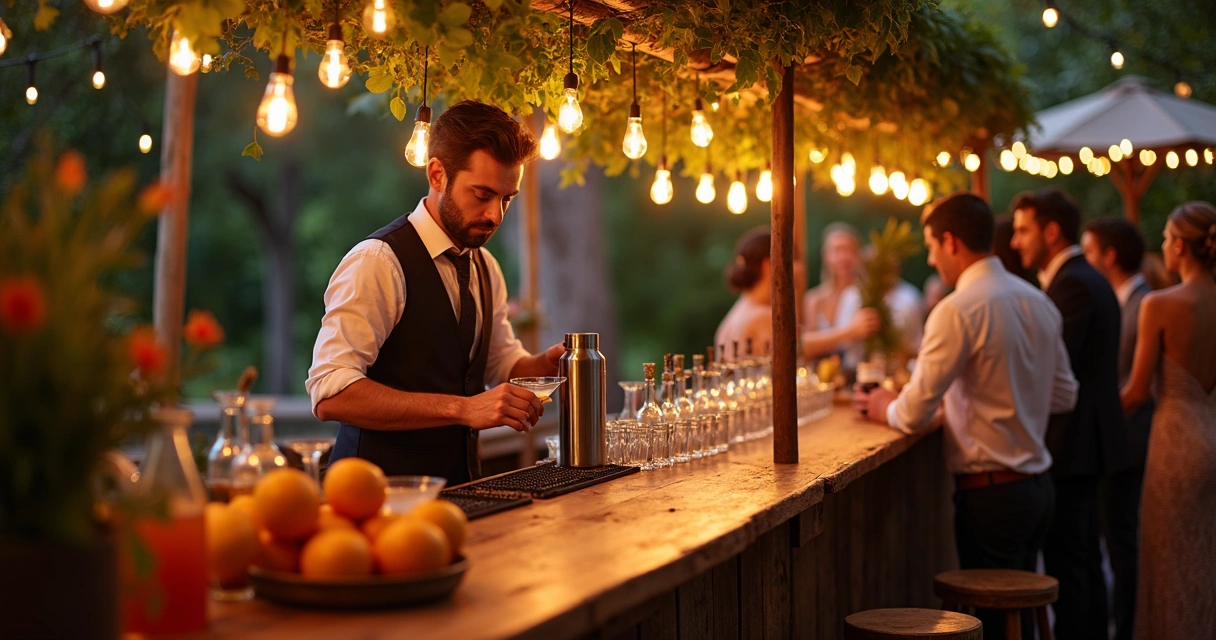 Bartender preparando drinks em casamento decorado ao ar livre 