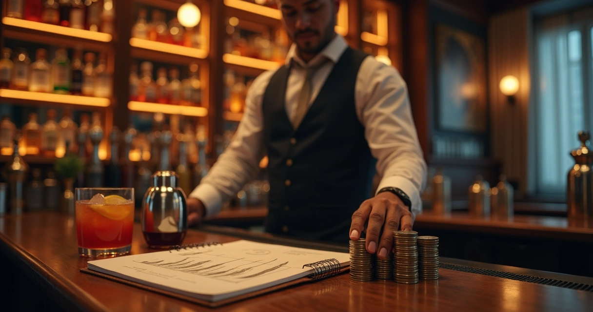 Bartender segurando coqueteleira e contanto dinheiro em balcão de bar elegante 