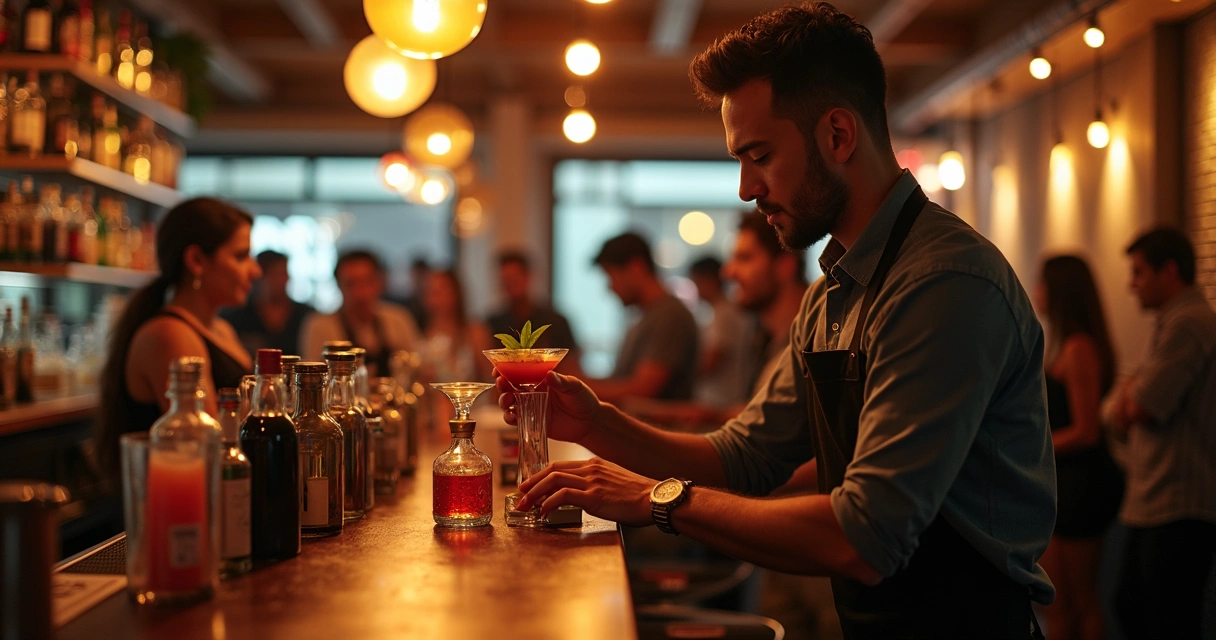 Bartender iniciante servindo drink clássico em bar movimentado, iluminação acolhedora, bancada com utensílios 