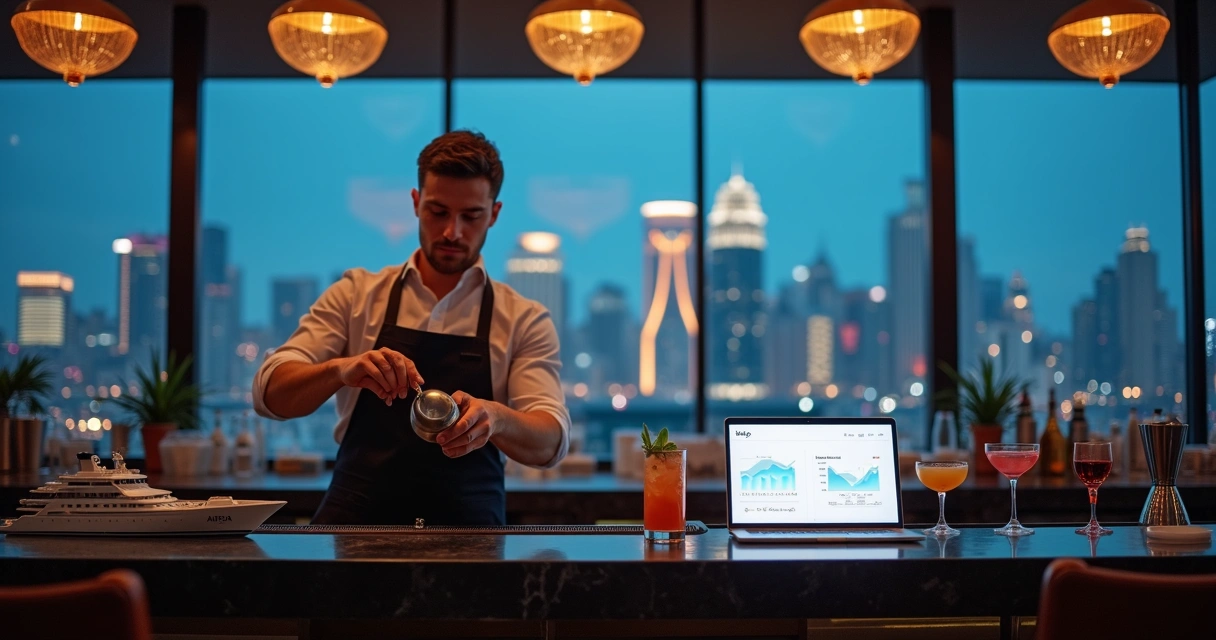 Bartender preparando coquetel em bar elegante com skyline de cidade ao fundo 