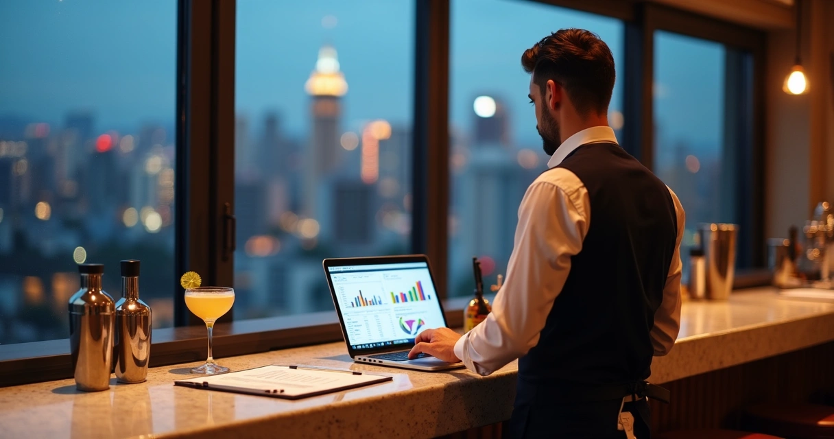 Bartender em bar moderno analisando gráficos de mercado de trabalho 