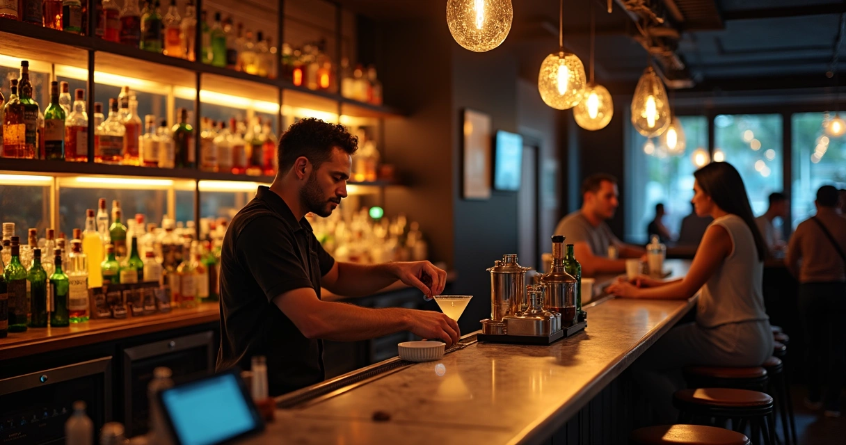 Bartender mexendo drink com garrafas e prateleiras ao fundo 