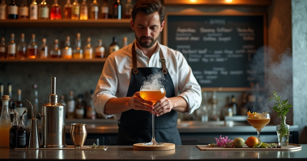 Bartender preparando drink autoral com técnica de defumação em bar de mixologia 