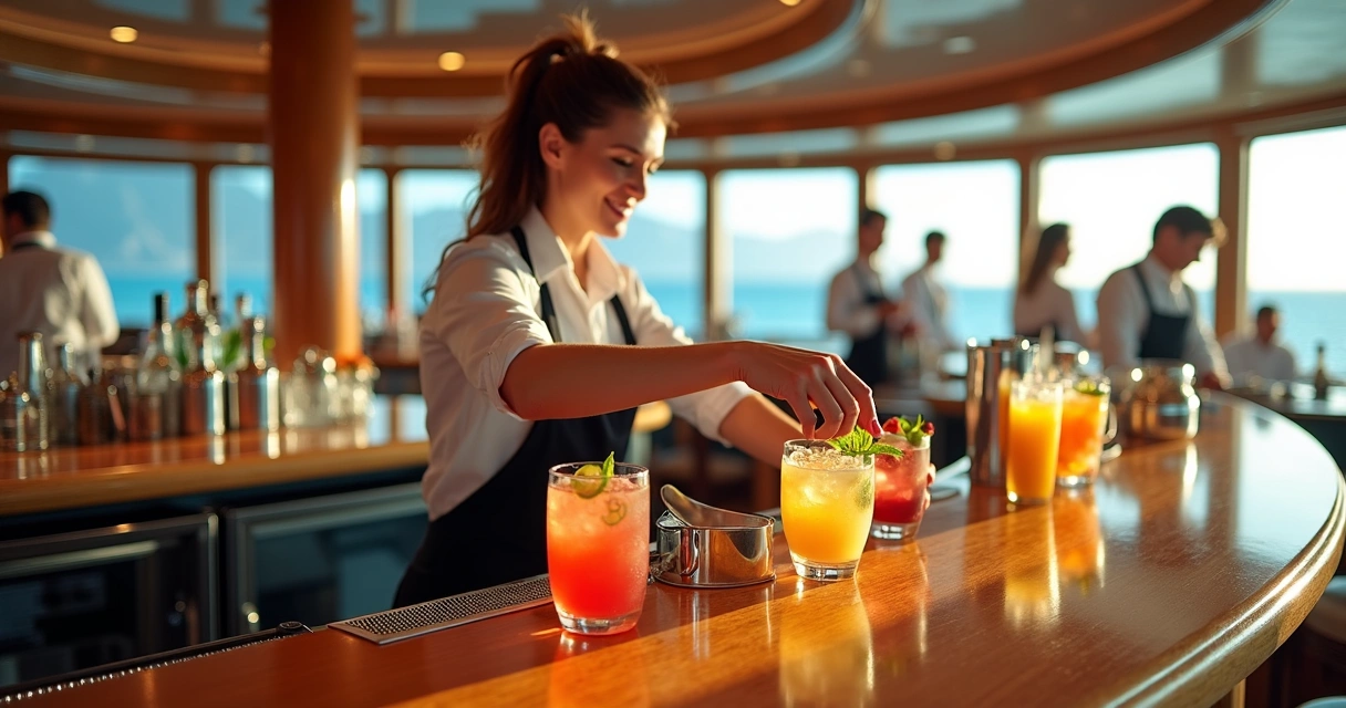 Bartender preparando coquetéis no bar de um navio de cruzeiro 
