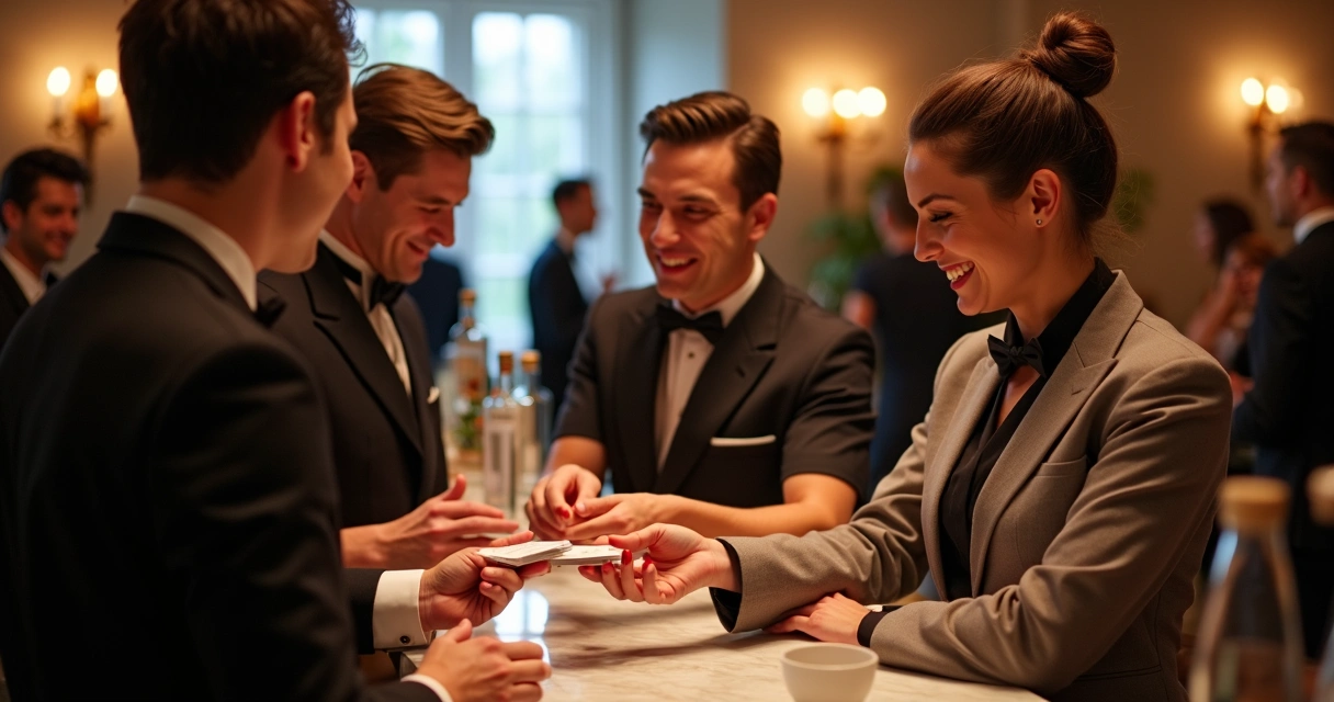 Grupo de bartenders sorrindo trocando cartão de visita em evento de coquetelaria 