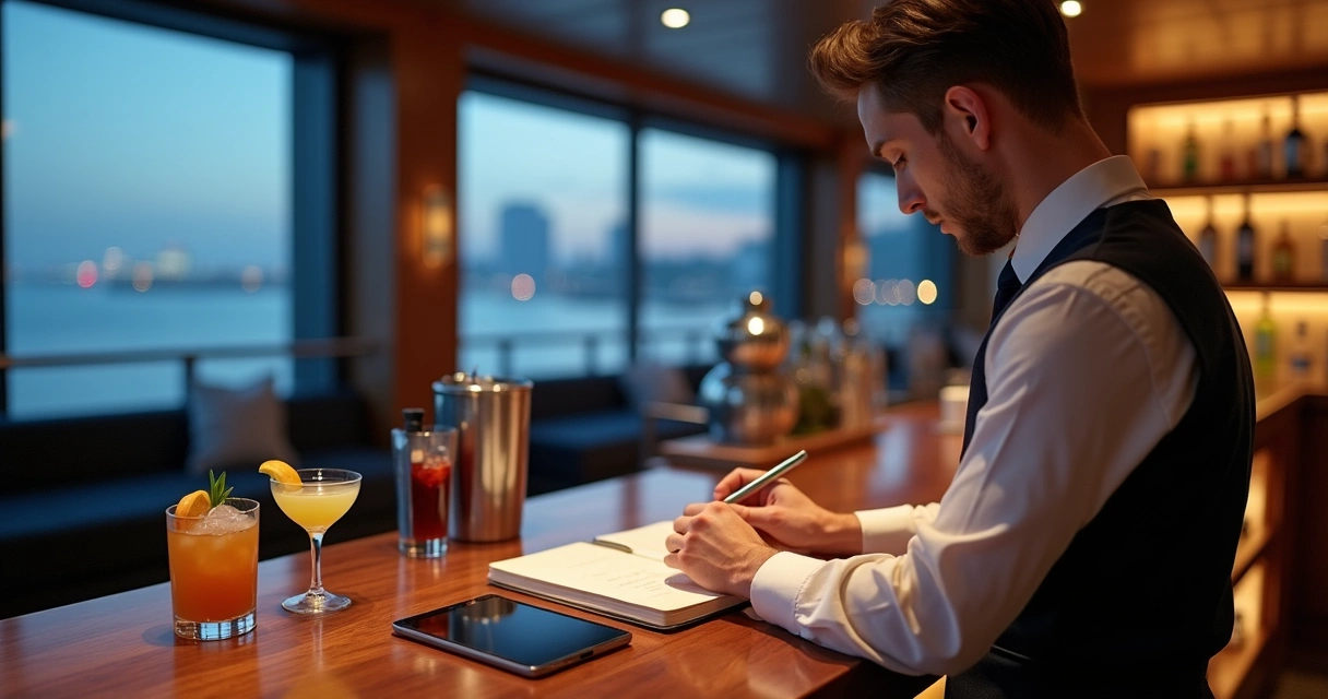 Bartender sozinho em bar elegante analisando oportunidades de carreira com caderno de anotações 
