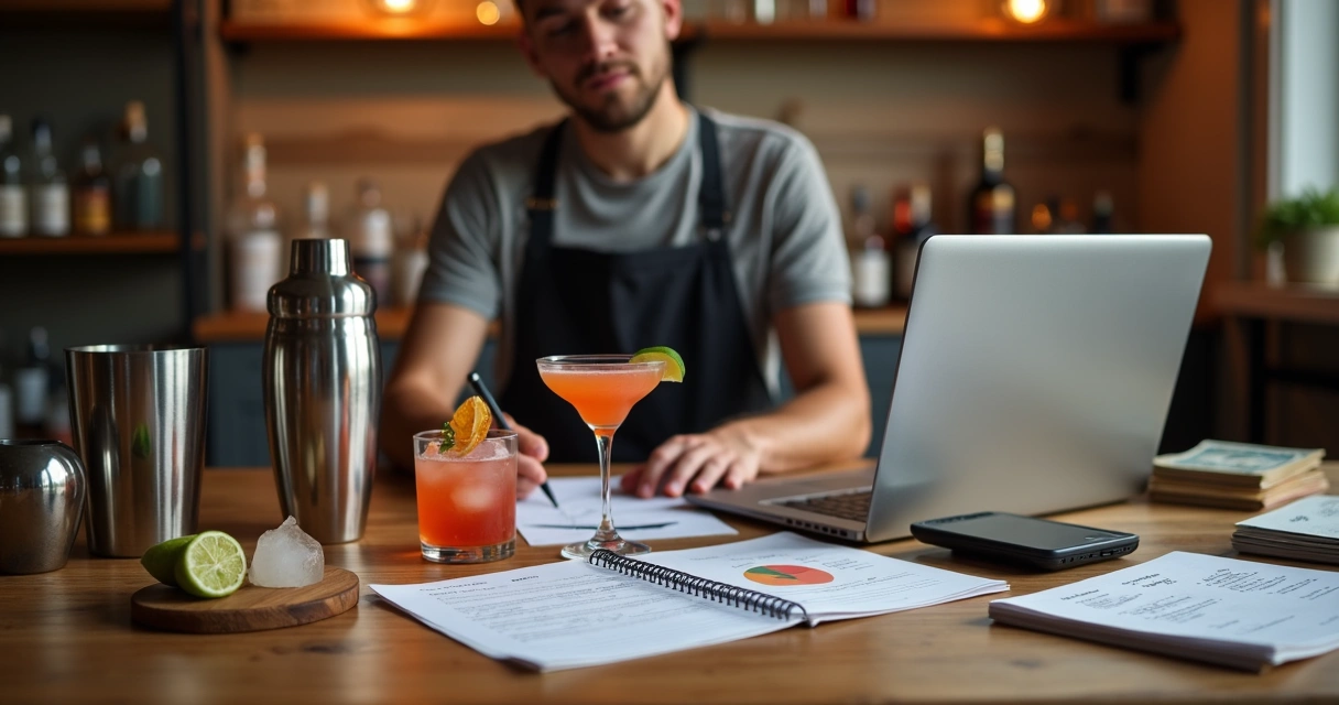 Bartender organizando material de trabalho e finanças sobre a mesa 