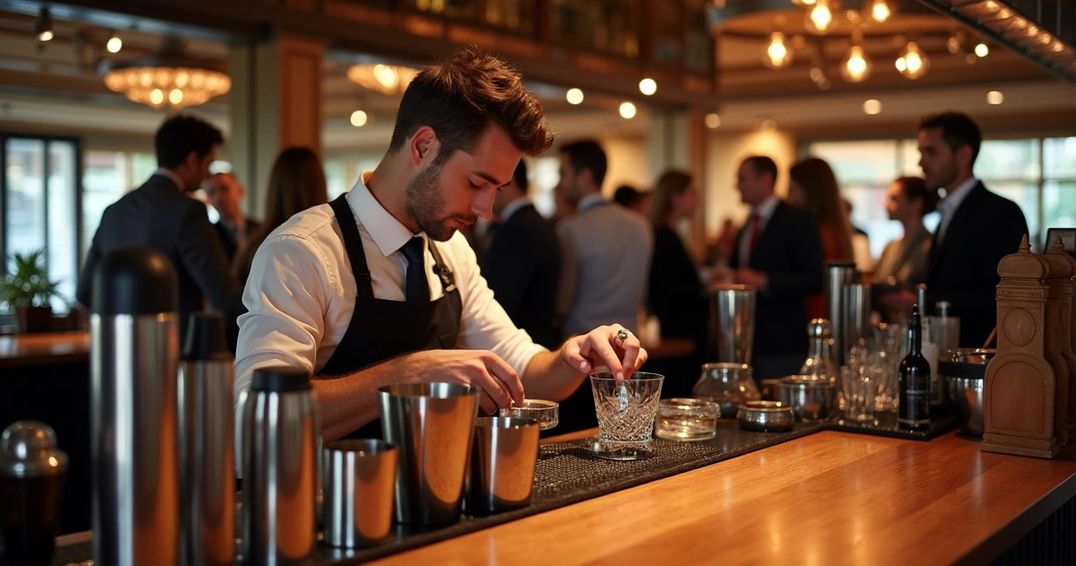 Bartender organiza bar em evento corporativo