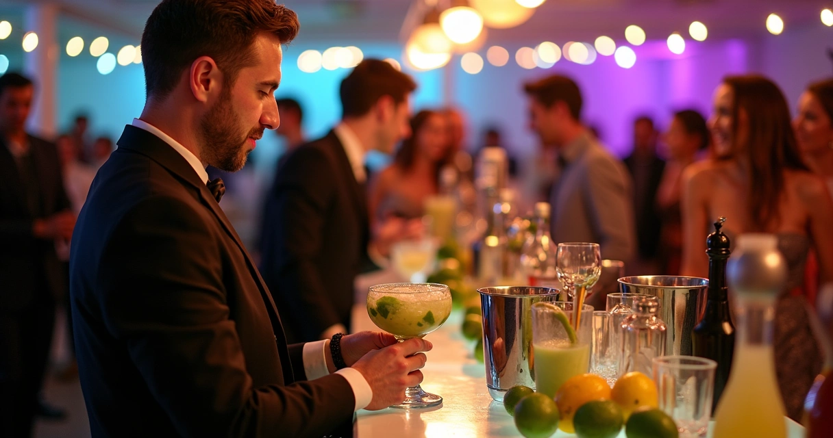 Bartender preparando caipirinha de limão durante evento social com pessoas ao fundo 