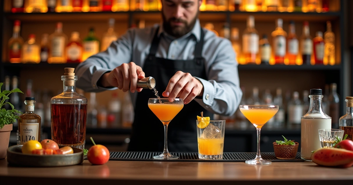 Bartender preparando cocktail em bar organizado 