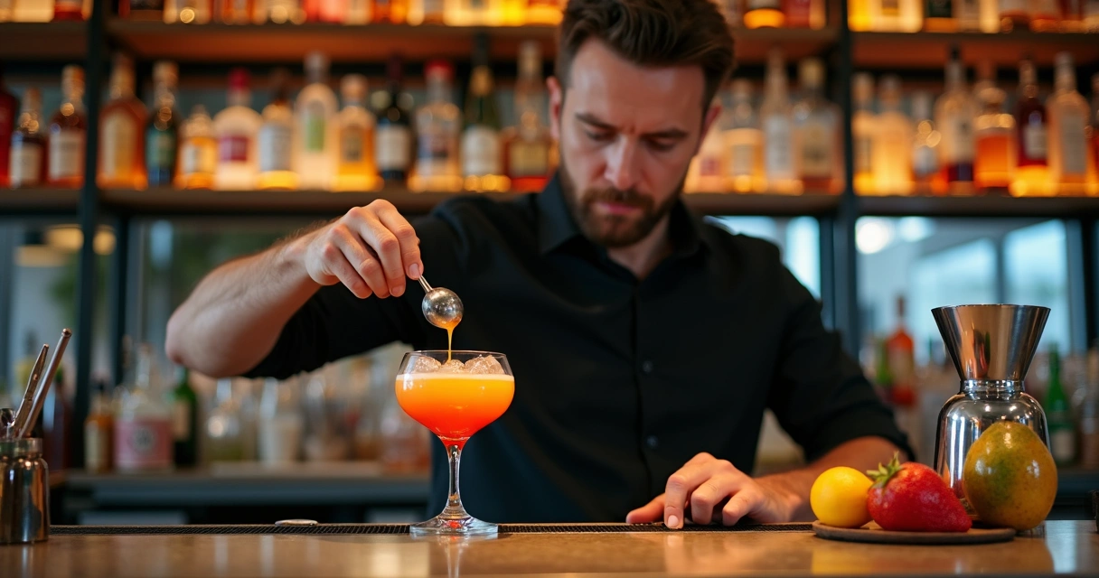 Bartender preparando drink colorido com frutas 