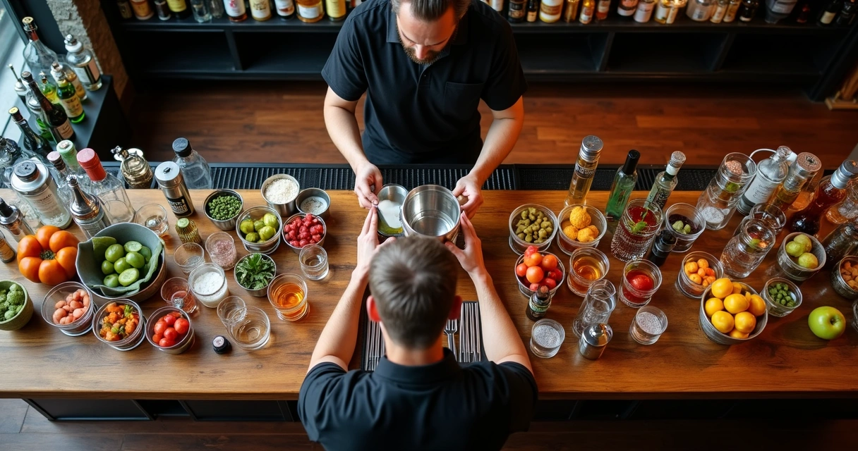 Bartender organizando mise en place de ingredientes e utensílios 