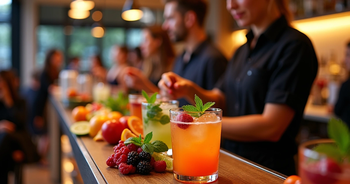 Bartender preparando mocktail colorido com frutas 