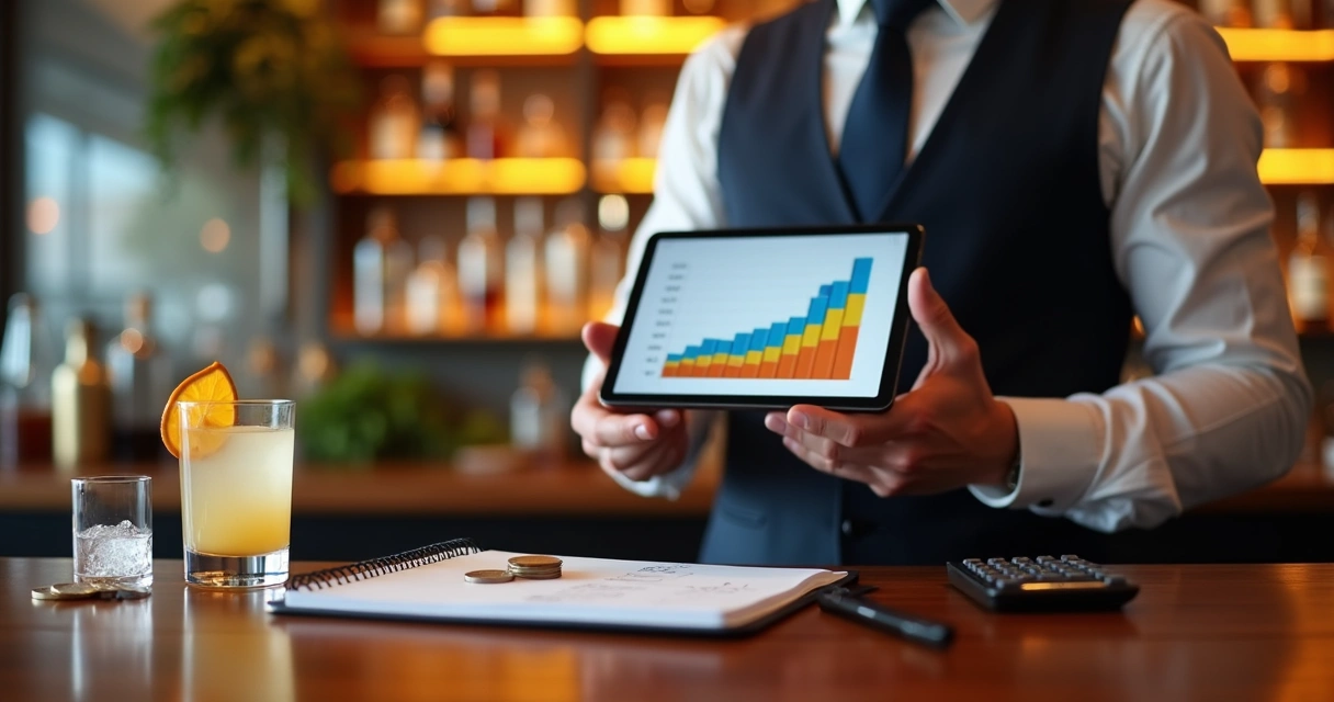Bartender brasileiro em bar moderno analisando gráfico de salário no tablet no balcão 