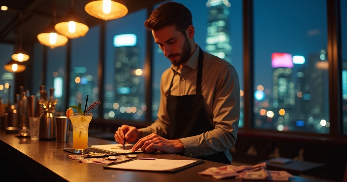 Bartender conferindo gorjeta e dinheiro ao lado de coquetel em bar de São Paulo 