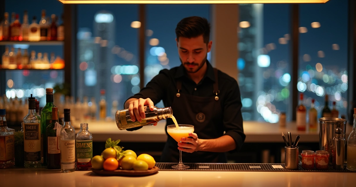 Bartender preparando drinks no bar com balcão cheio de garrafas 