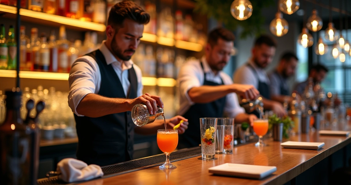Dois profissionais de bar lado a lado preparando coquetéis em estilos diferentes 