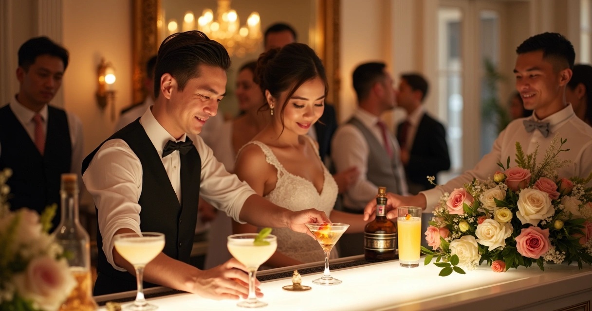 Bartender e equipe preparando drinks atrás do balcão de casamento com luz suave e decoração floral 
