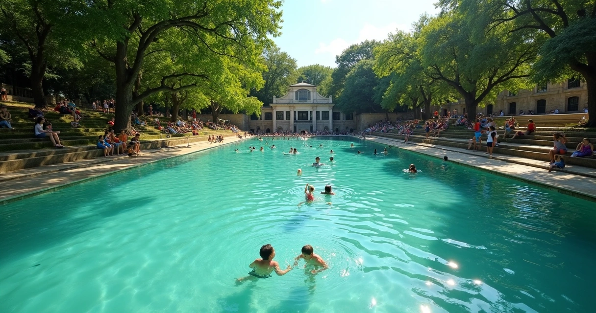 Barton Springs natural pool with families and green park background