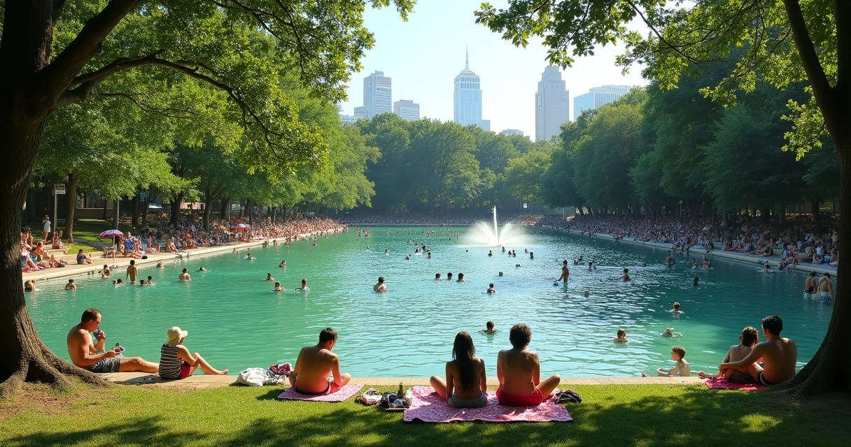 People swimming in Barton Springs Pool with trees and Austin skyline 