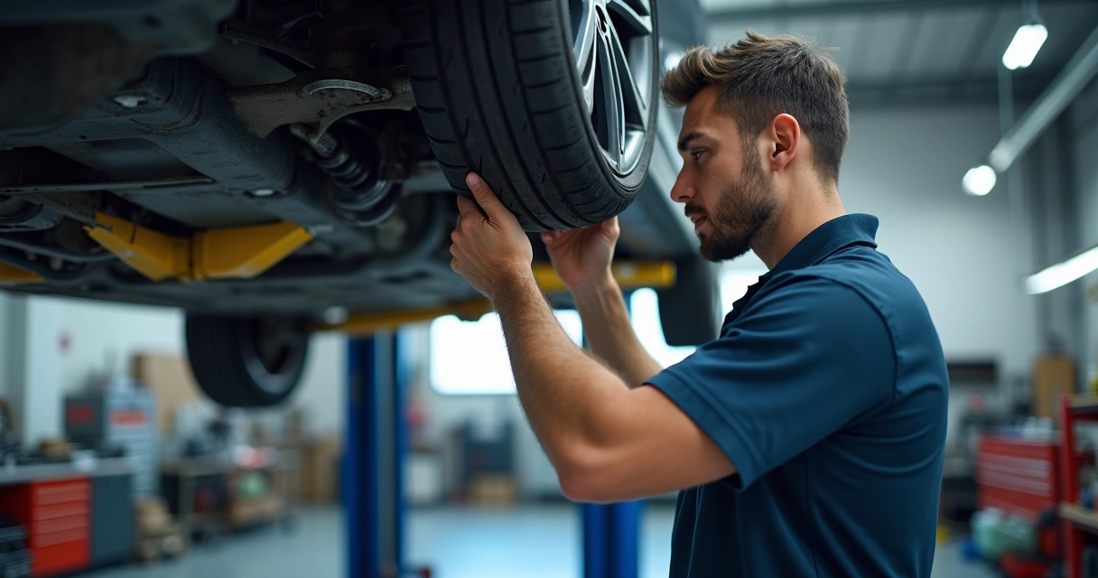Mecânico inspecionando a suspensão dianteira de um carro levantado 