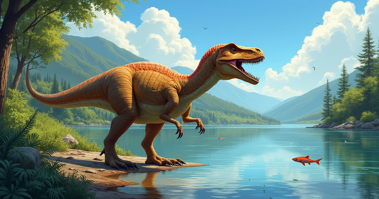 Ilustração de um Baryonyx à beira de um rio pré-histórico, cercado por vegetação do Cretáceo.