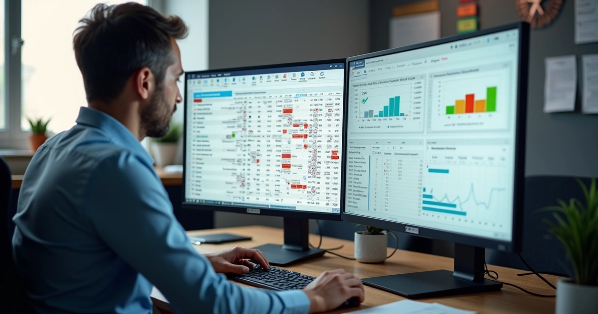 Gestor de e-commerce analisando dashboard caótico de clientes com dados organizados ao fundo 