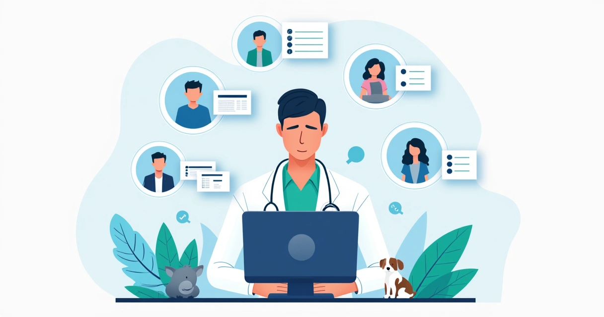 Ilustração corporativa plana mostrando veterinário organizando base de clientes em computador com gráficos e contatos digitais ao redor 