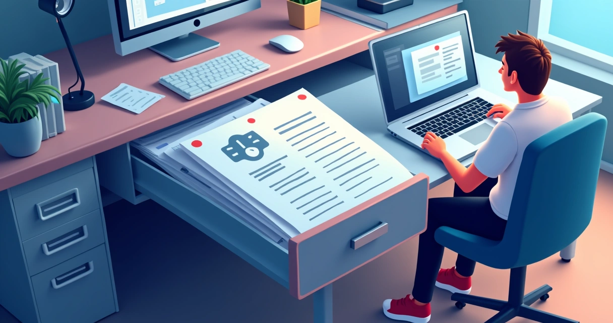 Ilustração apresentando uma base de conhecimento escondida em uma gaveta em um ambiente de escritório digital 