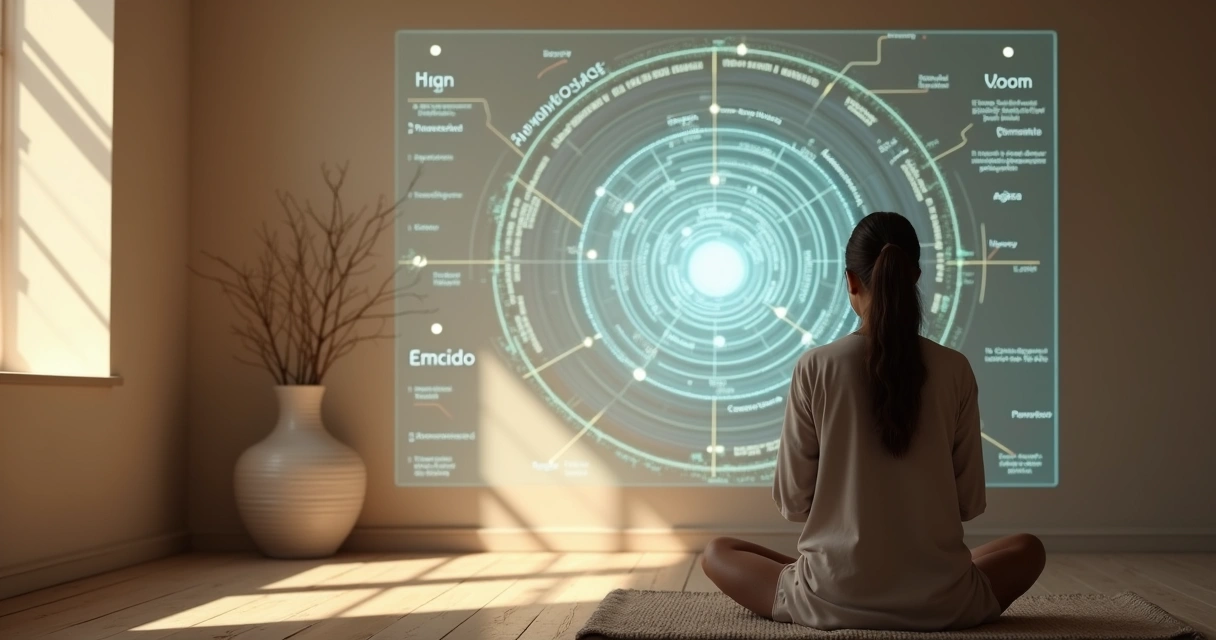 Pessoa meditando diante de diagrama sistêmico iluminado 