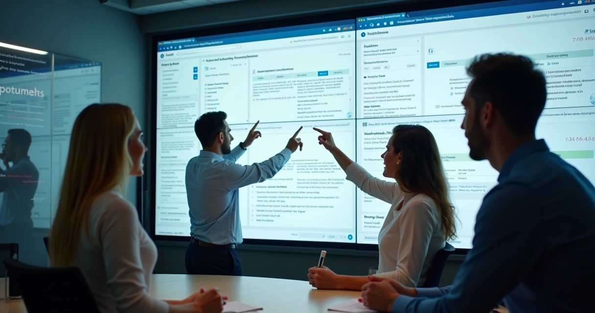 Equipe de suporte consultando base de conhecimento digital em grandes telas 