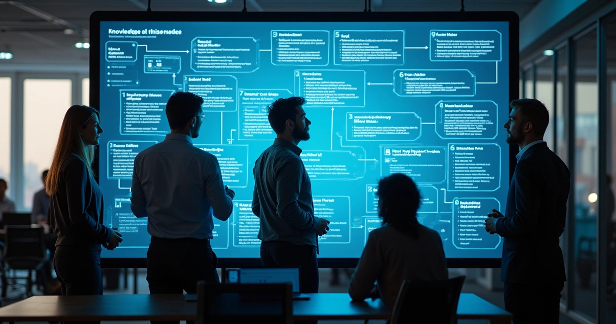 Equipe de TI colaborando em uma base de conhecimento digital 