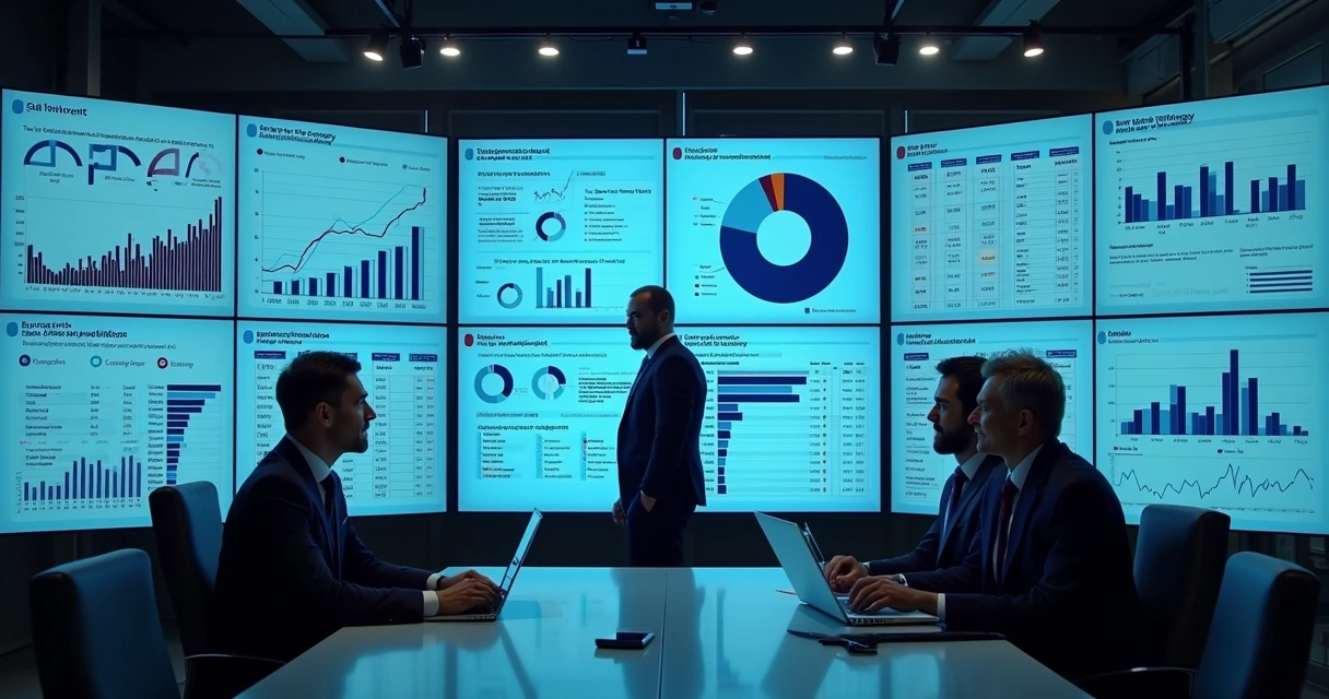 Telões e tabelas com dados sobre empresas, algumas com informações em destaque 