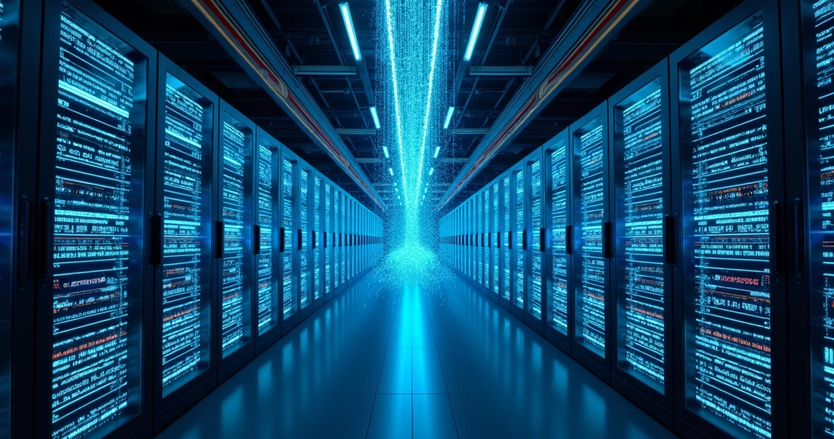 Centro de dados digital com servidores e luzes azuis 