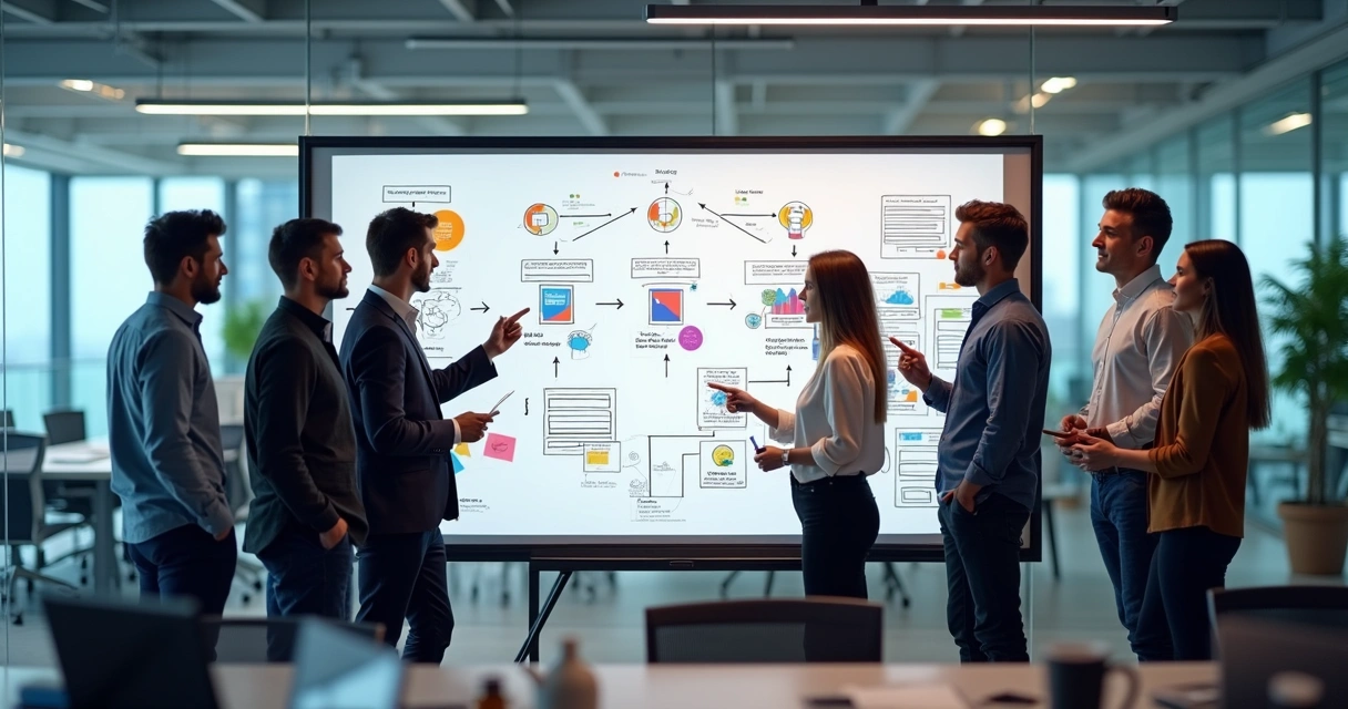 Equipe de marketing em frente a um quadro branco com fluxos de dados de e-commerce e CRM desenhados 